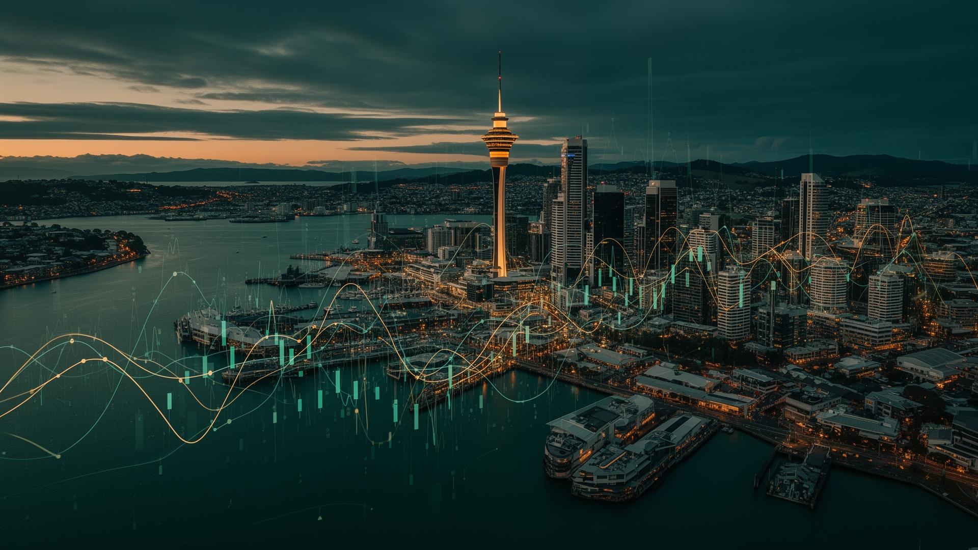 Aerial dusk view of the Auckland harbour skyline with the Sky Tower lit gold and abstract market chart lines overlaid across the city